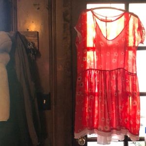 Naftul sheer red mini dress and shift, white daisies with blue centers